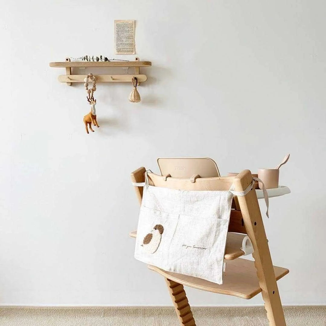 Khaki cotton linen bedside storage bag with plastic hanging hook for wall mounting