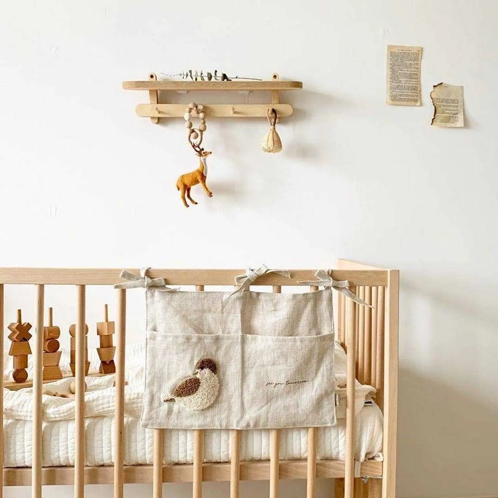 Khaki cotton linen bedside storage bag with plastic hanging hook for wall mounting