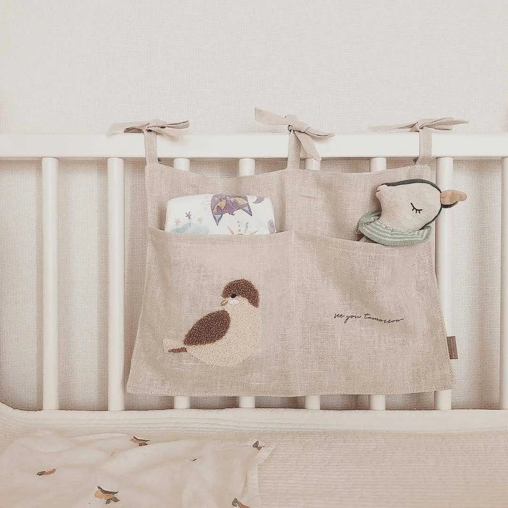 Khaki cotton linen bedside storage bag with plastic hanging hook for wall mounting