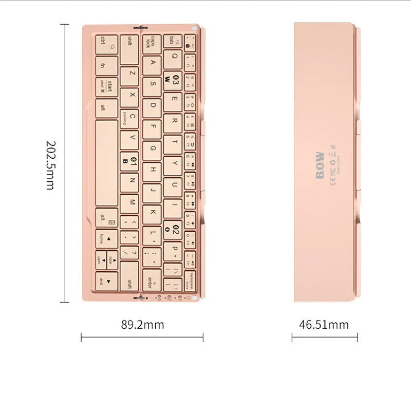 Silver white folding Bluetooth keyboard open with stand holding a smartphone, shown next to its compact folded size.