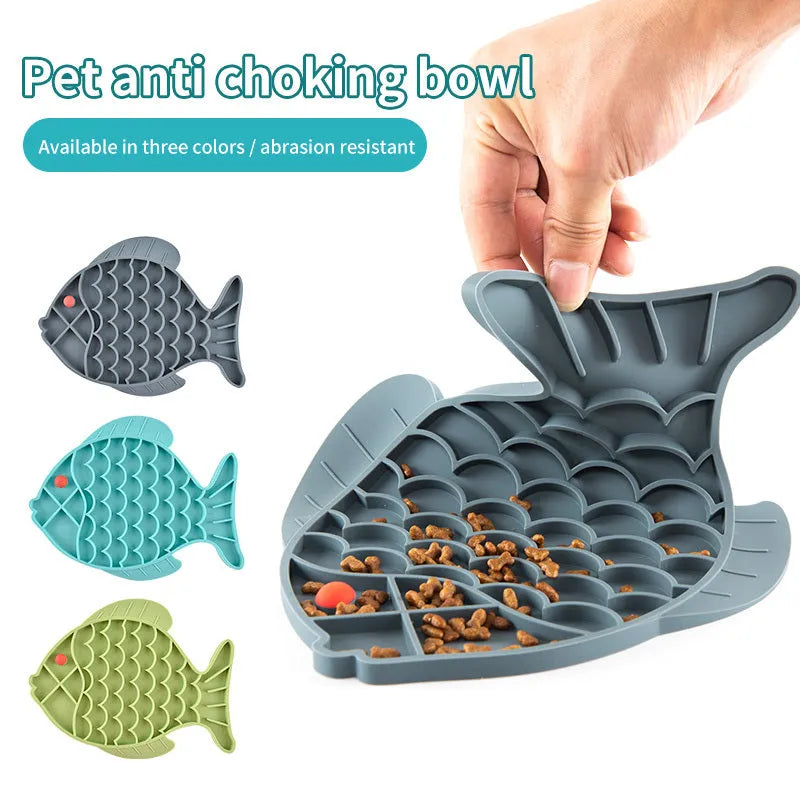 Fish-shaped silicone slow food plate for dogs in blue colour on white background