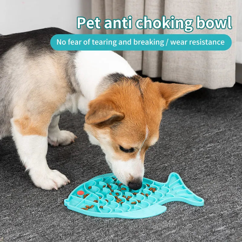 Fish-shaped silicone slow food plate for dogs in blue colour on white background