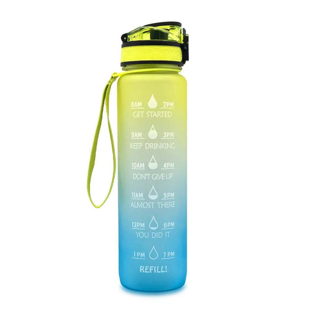 Blue-red gradient 1L Tritan water bottle with time markers and flip-top lid on a gym bag