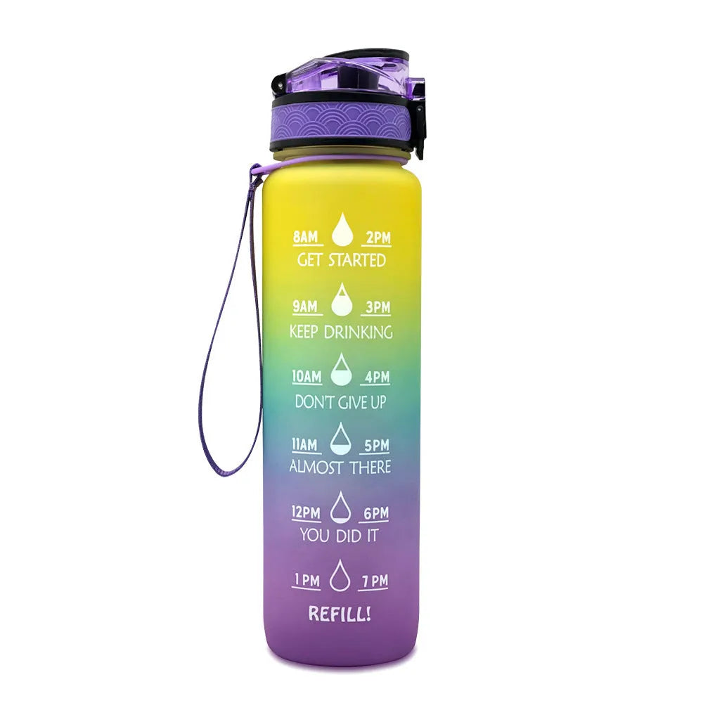 Blue-red gradient 1L Tritan water bottle with time markers and flip-top lid on a gym bag