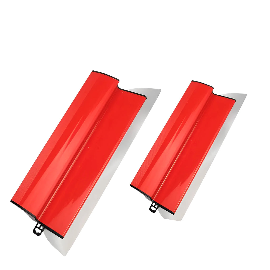 Red leveling scraper tool with a long 40 cm metal blade for wall putty and wallpaper work.