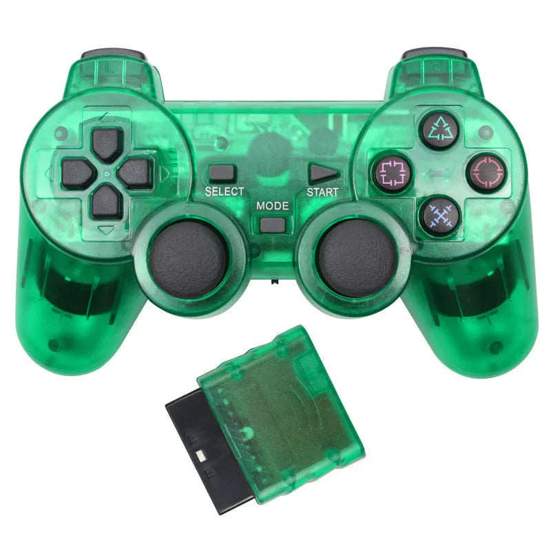 PS2 wireless game controller in seven colour options showing snowflake key design and USB connector