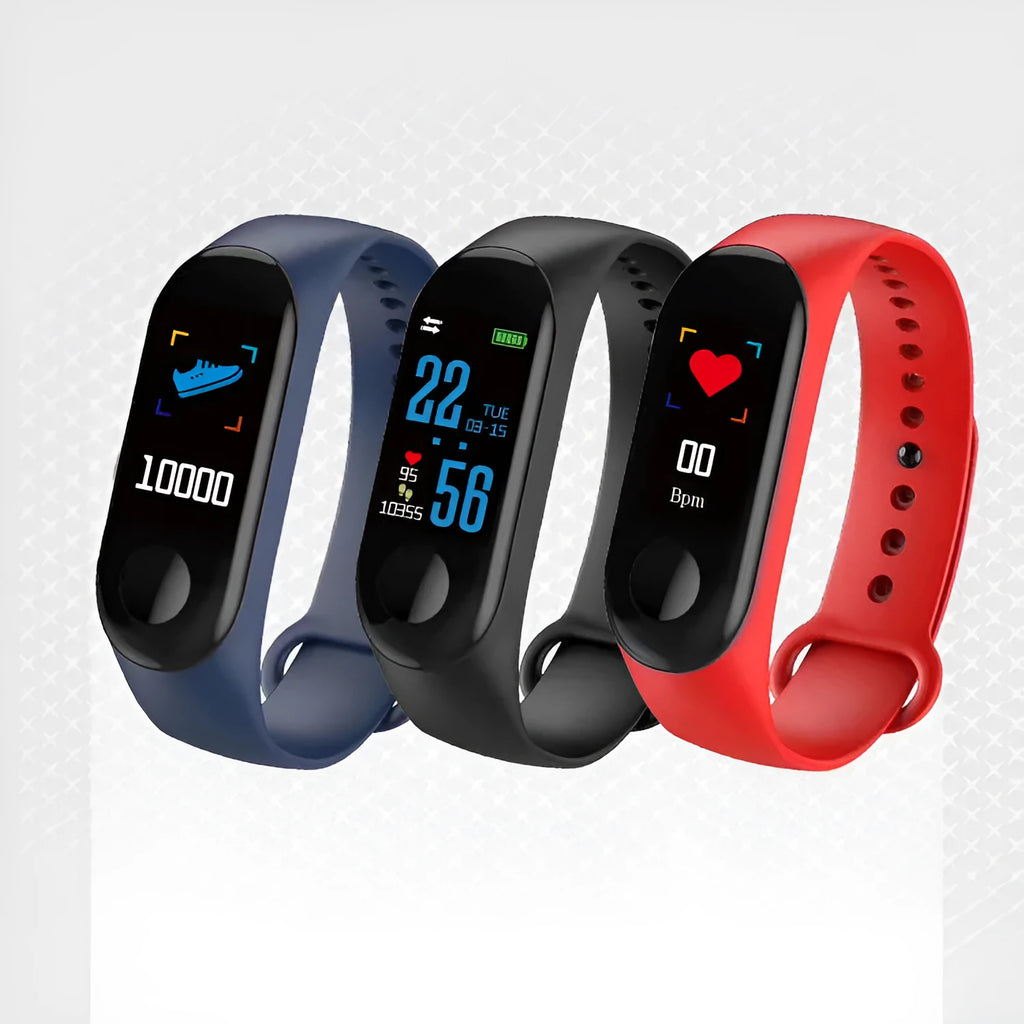 M3 smart fitness bracelet with colour screen showing heart rate data on a wrist.