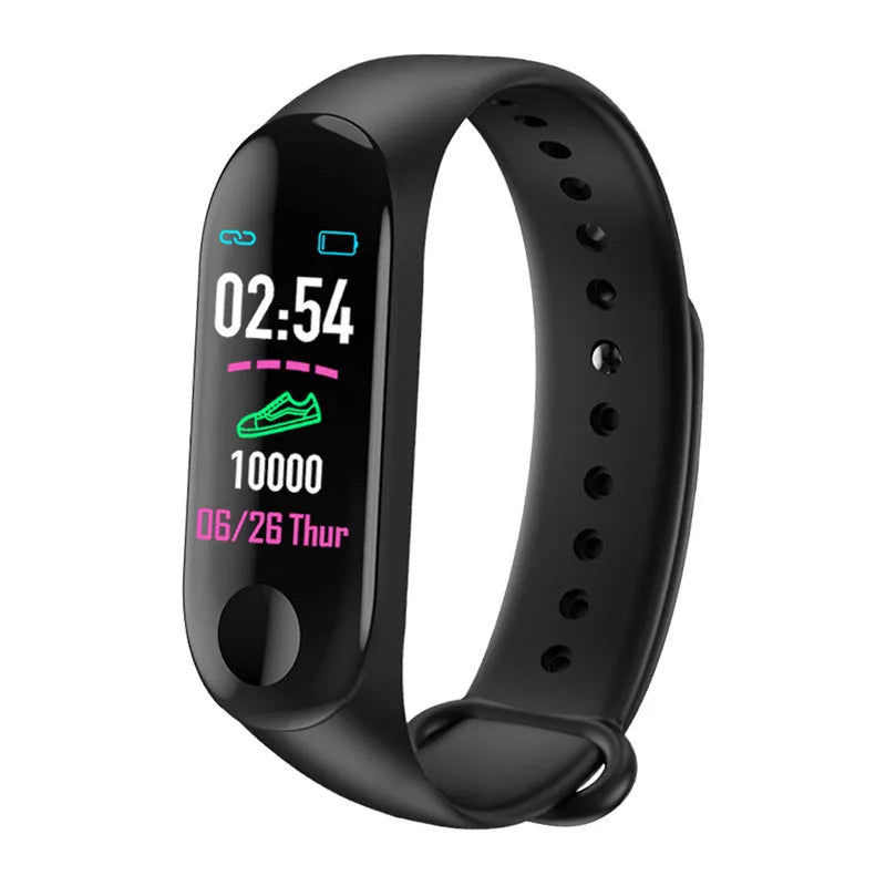 M3 smart fitness bracelet with colour screen showing heart rate data on a wrist.