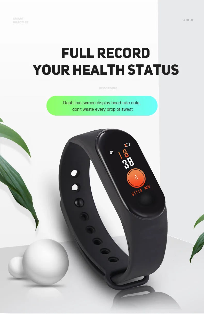 M3 smart fitness bracelet with colour screen showing heart rate data on a wrist.