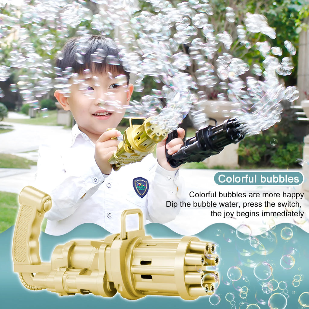 Kids bubble machine gun toy in pink with realistic design, ABS plastic, 2-in-1 fan