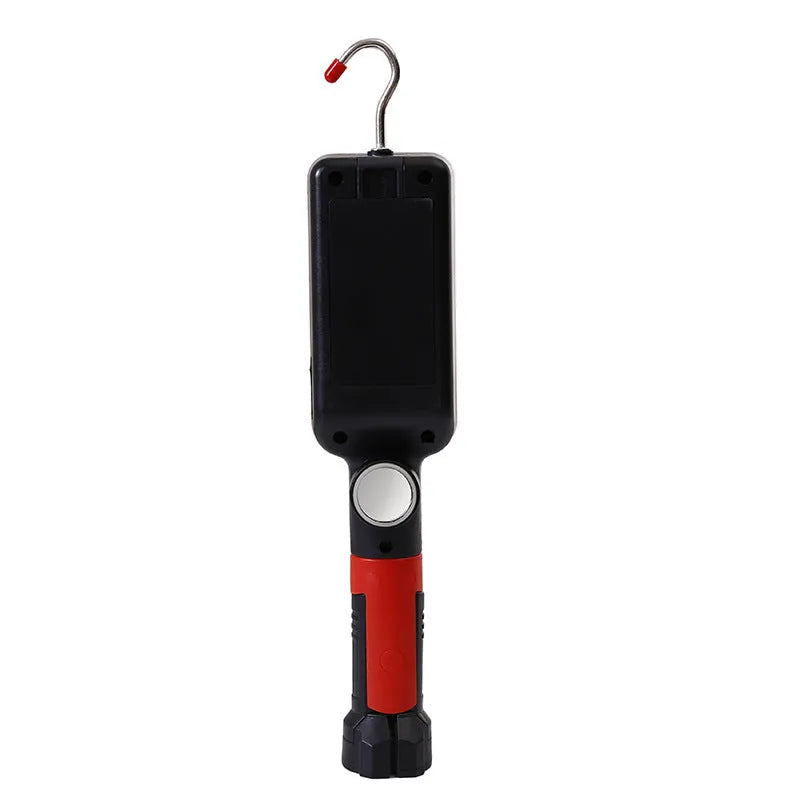 Black portable COB LED flashlight with magnetic base and USB charging port.
