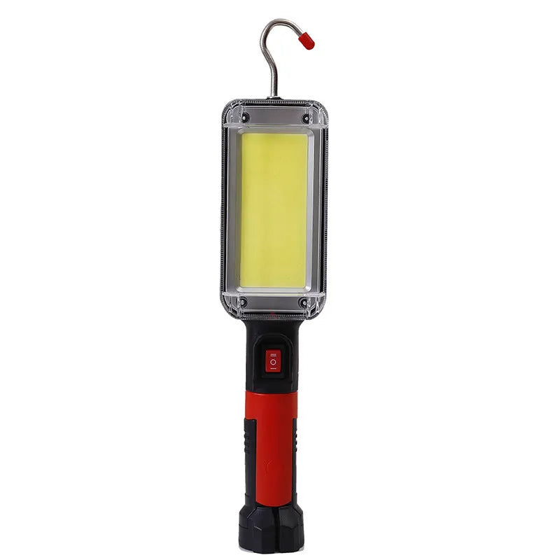 Black portable COB LED flashlight with magnetic base and USB charging port.