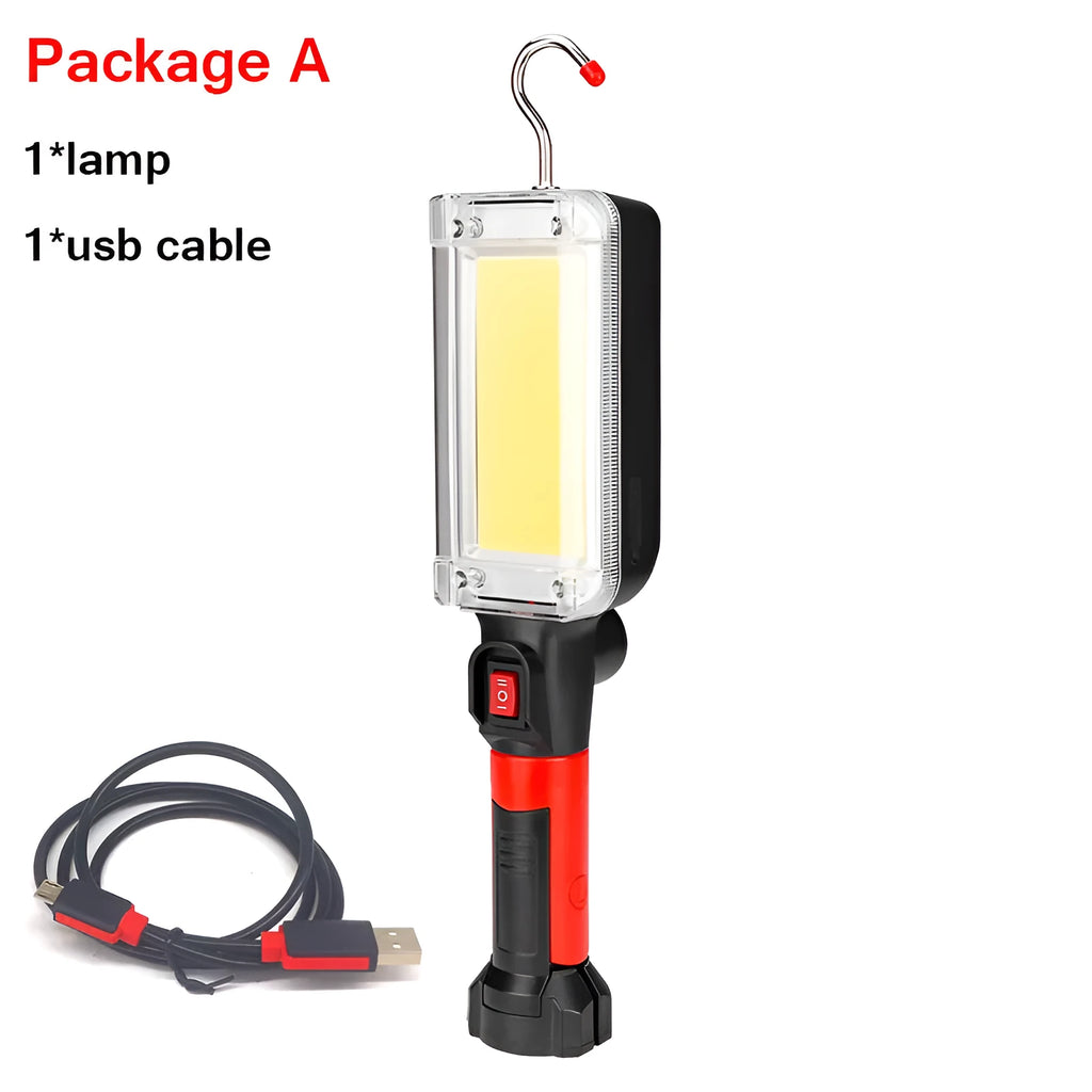 Black portable COB LED flashlight with magnetic base and USB charging port.