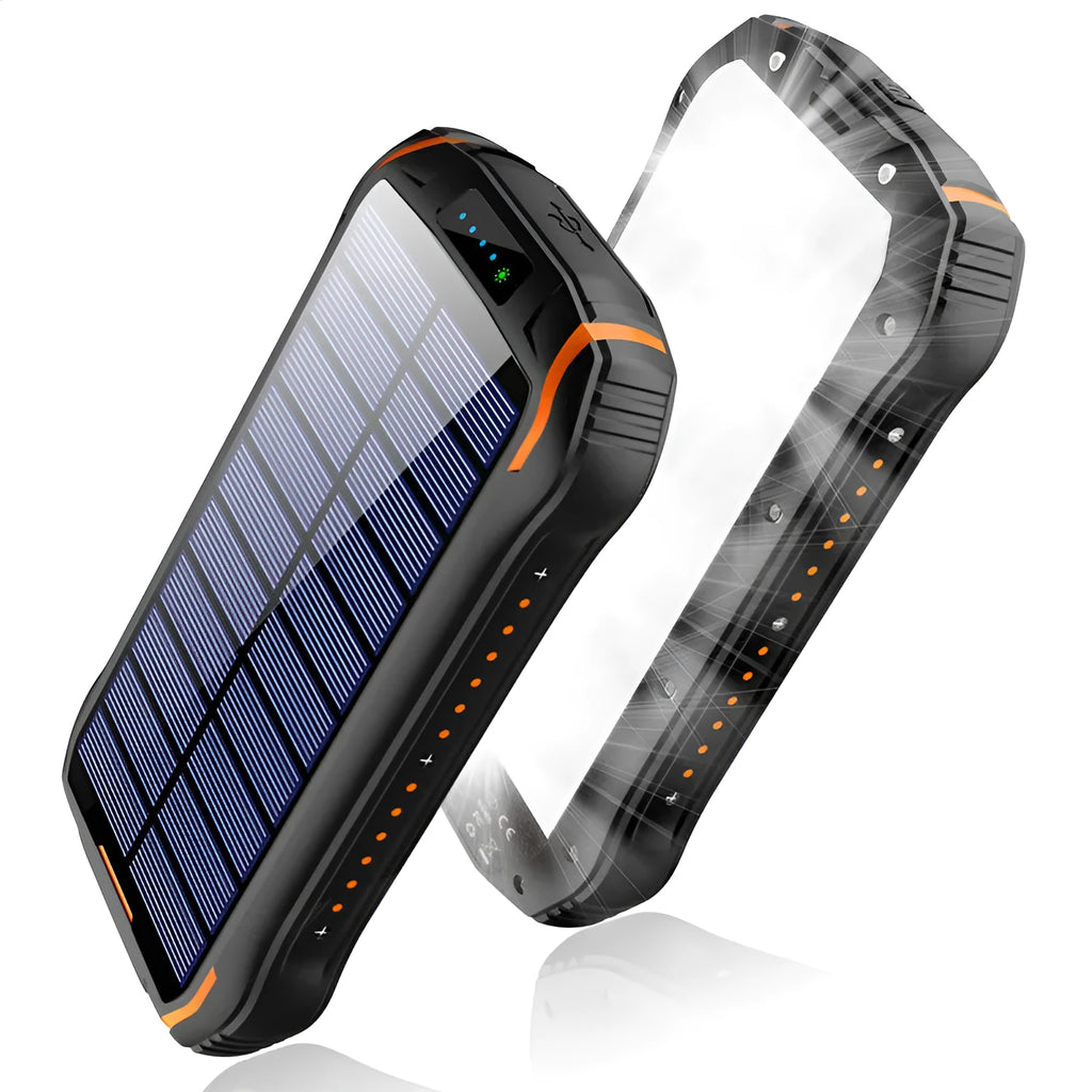 Orange solar power bank with camping light showing dimensions and charging ports