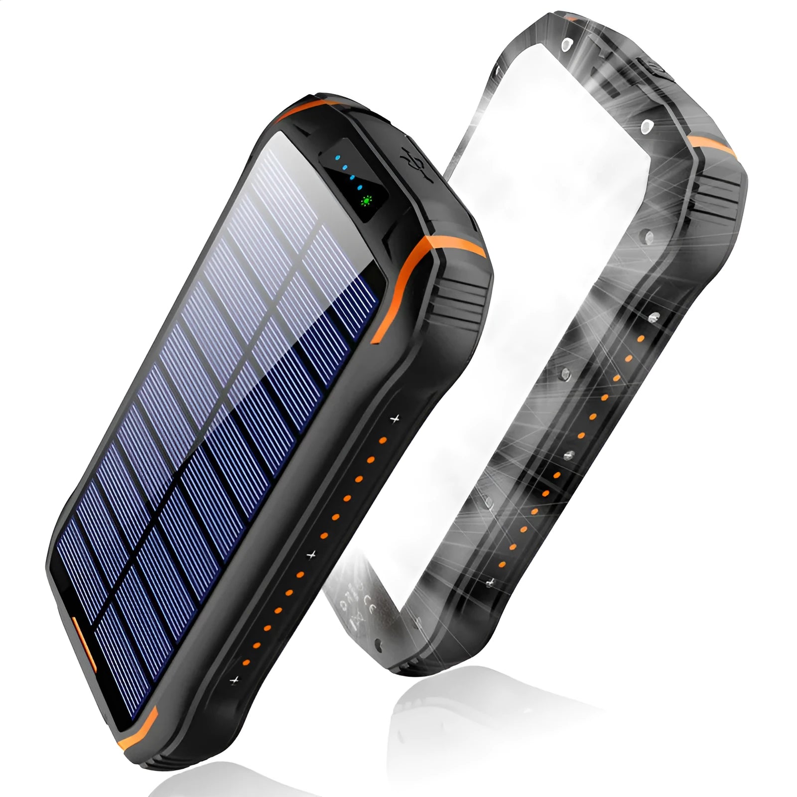 Orange solar power bank with camping light showing dimensions and charging ports