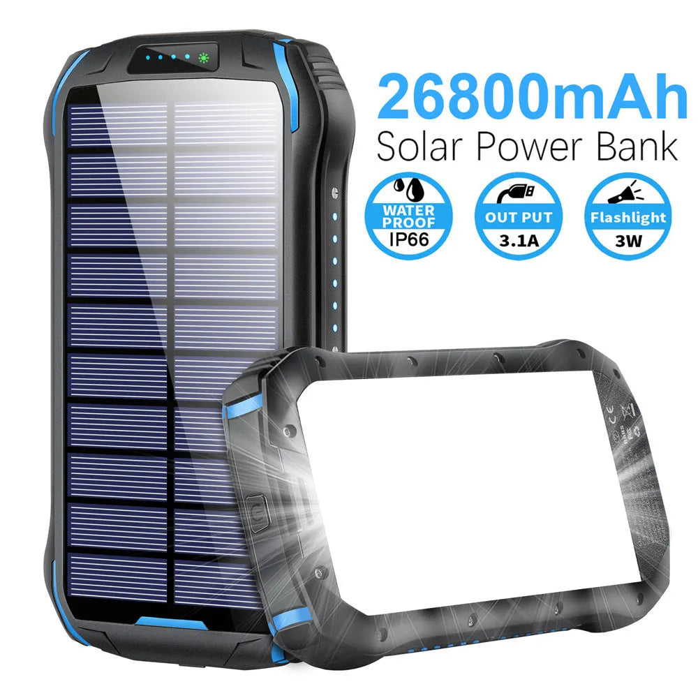 Orange solar power bank with camping light showing dimensions and charging ports