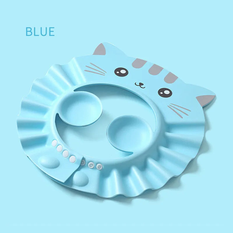 Adjustable baby shower cap with ear protectors in cartoon pattern design