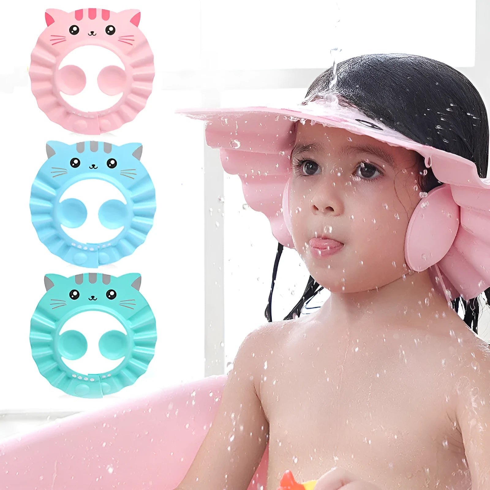 Adjustable baby shower cap with ear protectors in cartoon pattern design