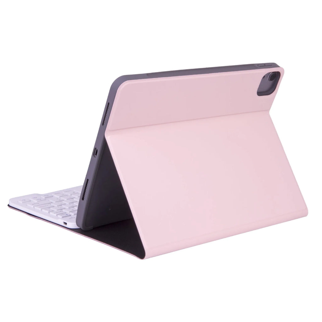 Portable Bluetooth wireless keyboard with a matching split leather protective case in green and black colour scheme.