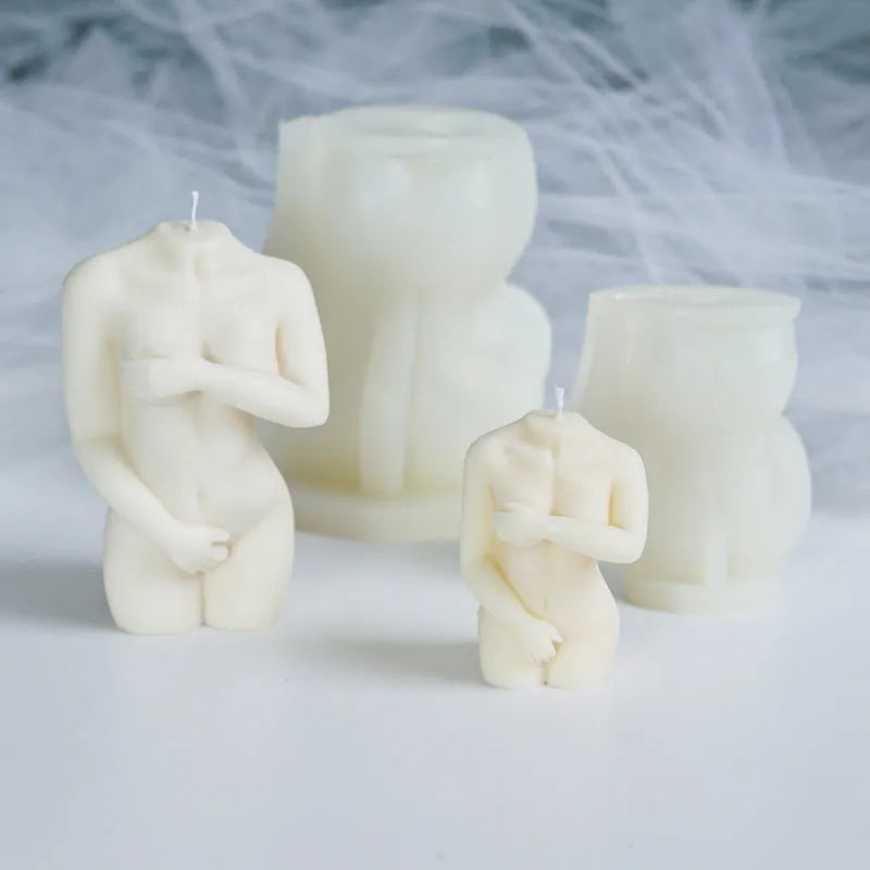 Silicone mould for making female body shaped candles, soaps, or cake decorations in three shy female silhouette designs.