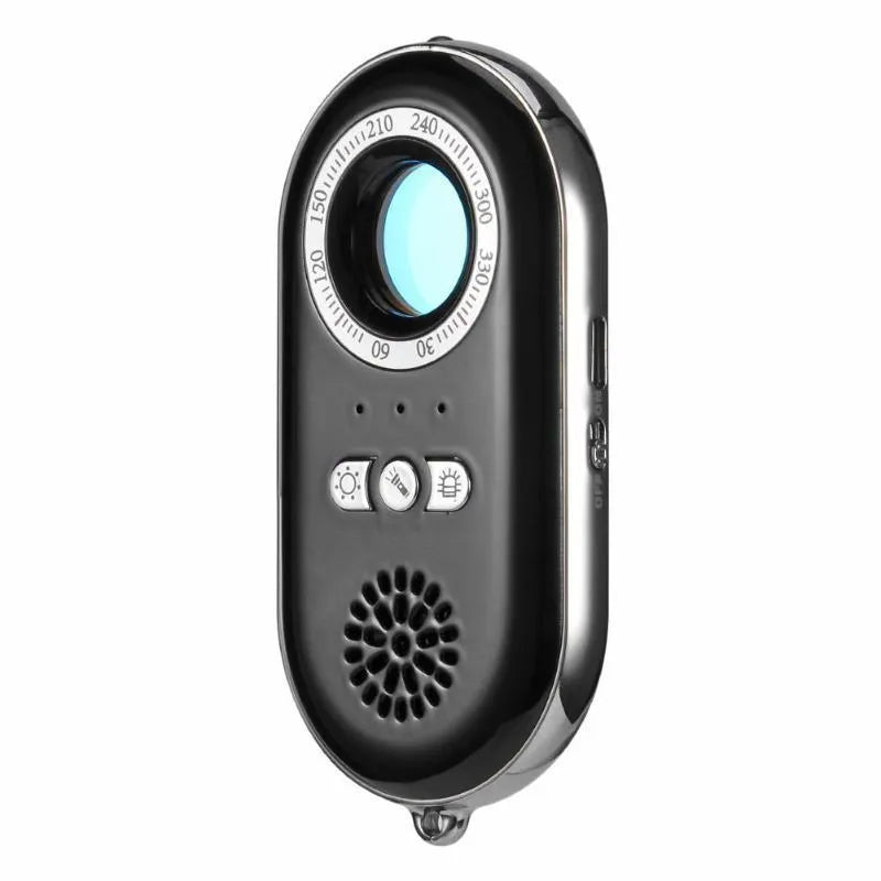 Compact black wireless signal detector for detecting hidden cameras and use as a vibration alarm.