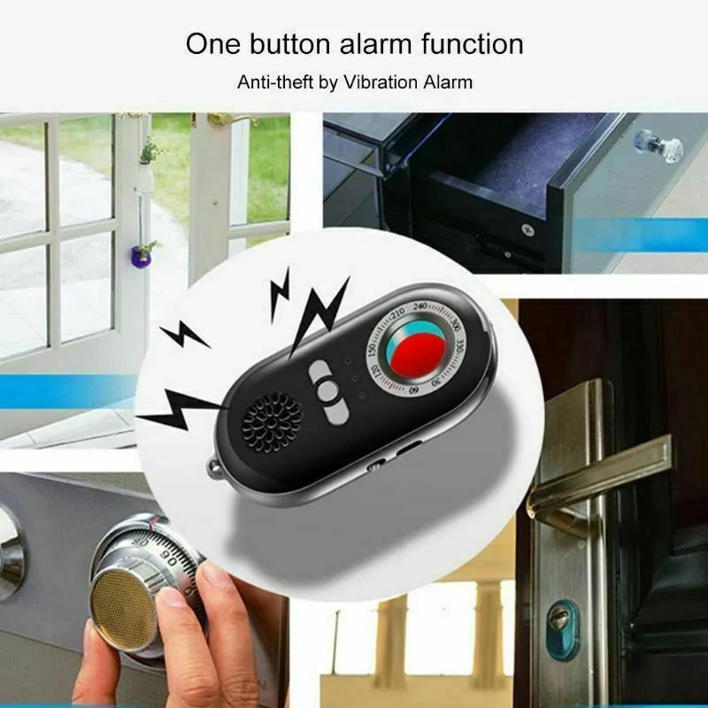 Compact black wireless signal detector for detecting hidden cameras and use as a vibration alarm.