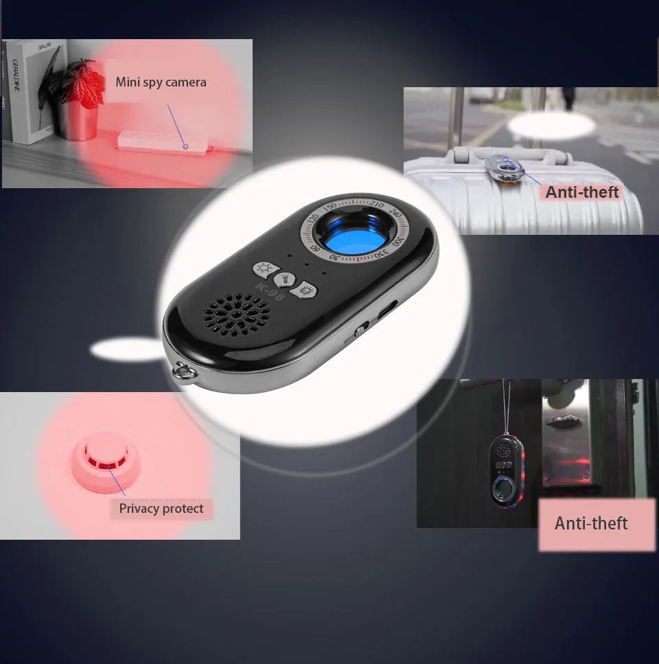 Compact black wireless signal detector for detecting hidden cameras and use as a vibration alarm.