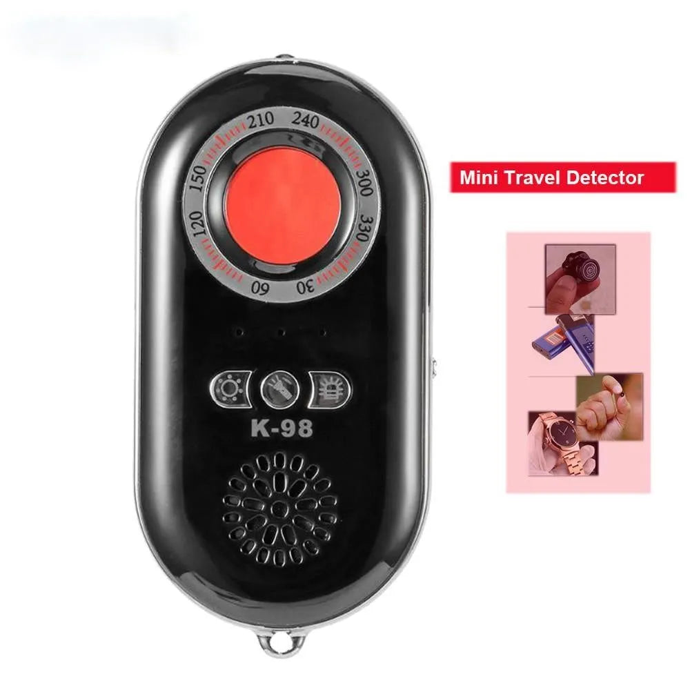 Compact black wireless signal detector for detecting hidden cameras and use as a vibration alarm.