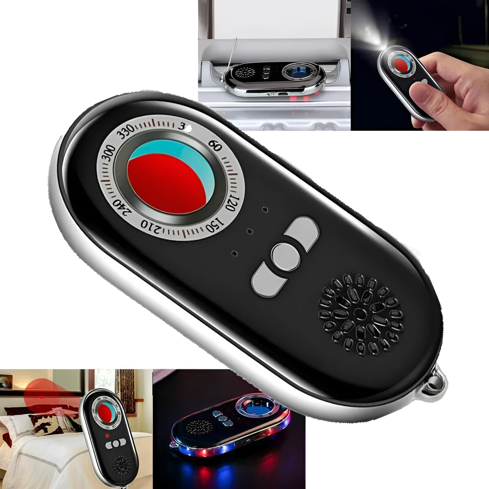 Compact black wireless signal detector for detecting hidden cameras and use as a vibration alarm.