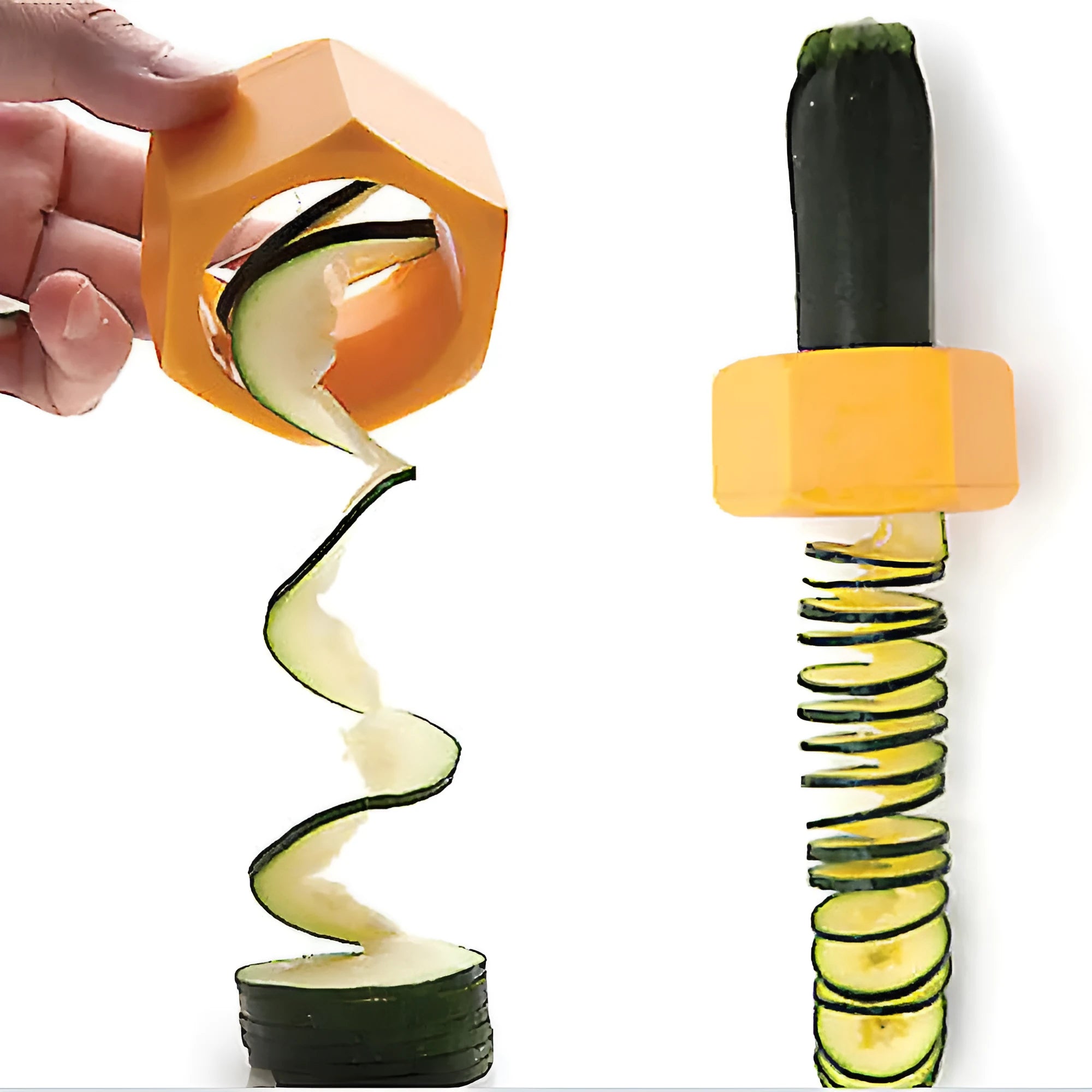 Yellow and green plastic spiral vegetable cutter and cucumber slicer kitchen gadget.