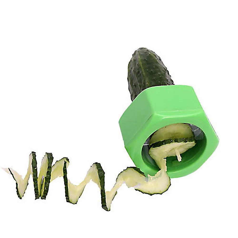 Yellow and green plastic spiral vegetable cutter and cucumber slicer kitchen gadget.