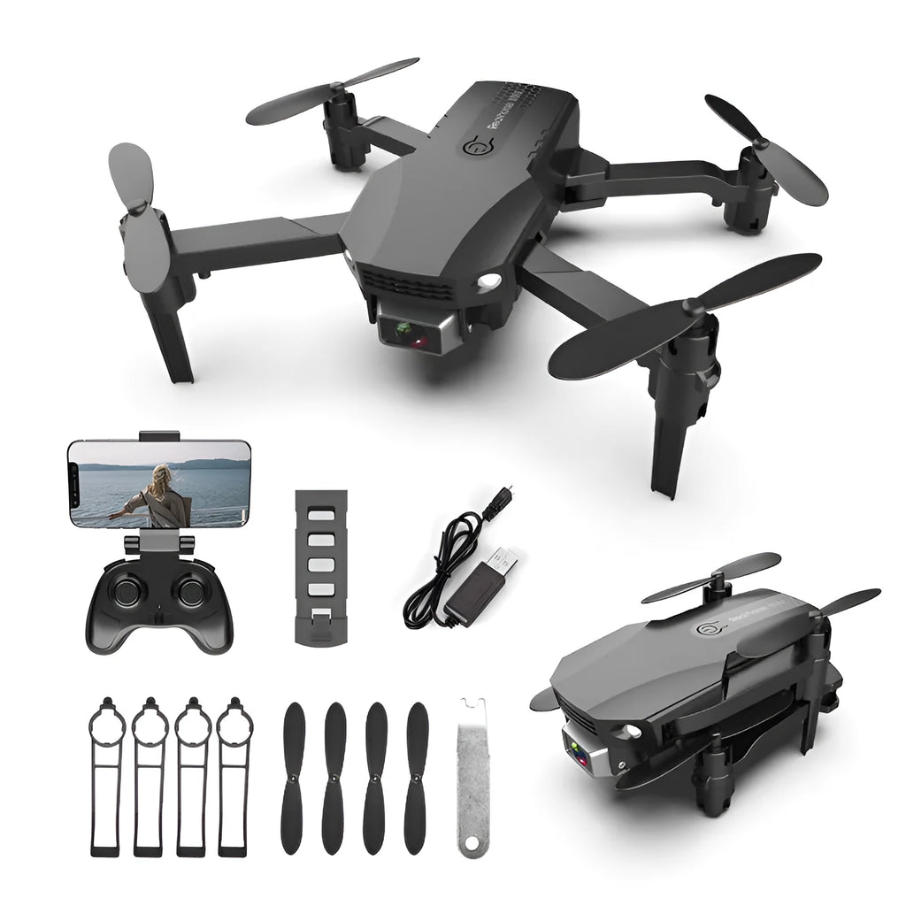 Folding drone with 4K HD camera, mini quadcopter toy RC airplane, black or grey, below 30cm, with remote control and battery.