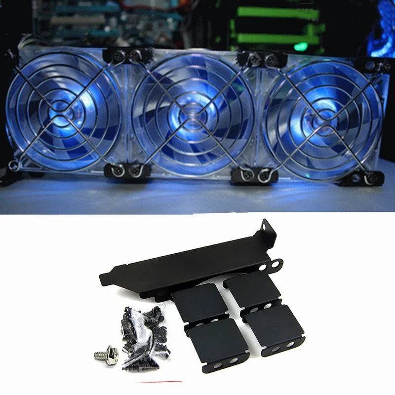 Steel graphics card cooling fan bracket for mounting 8cm or 9cm case fans.
