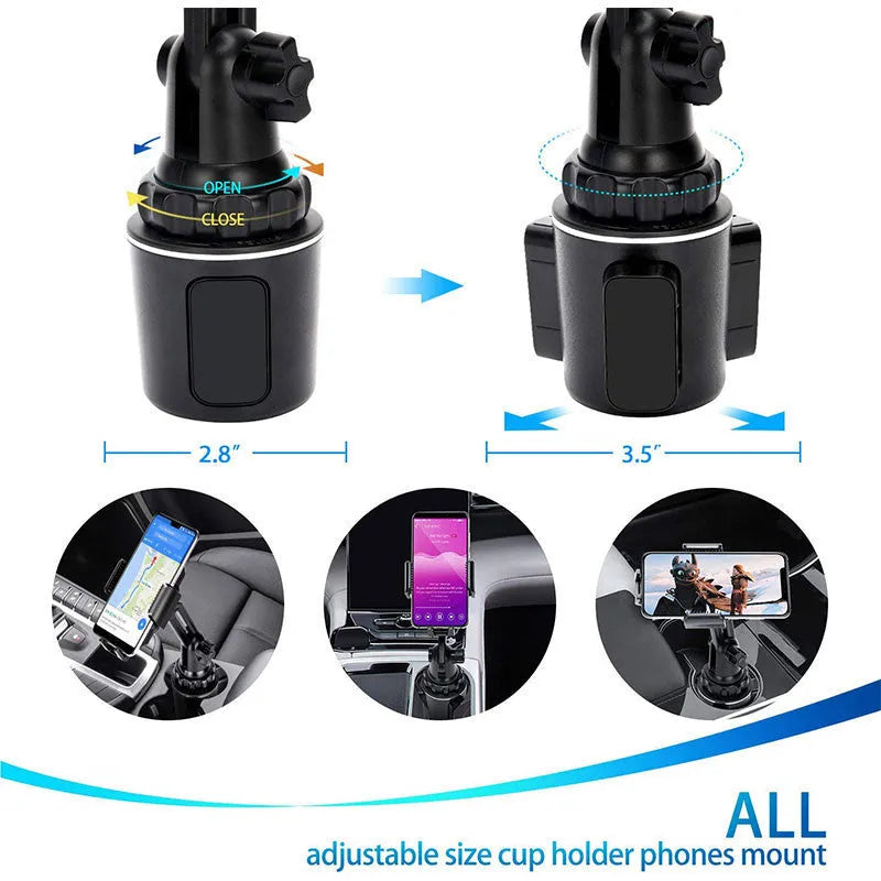 Black ABS car phone holder with 360-degree rotation and adjustable height on a car vent.