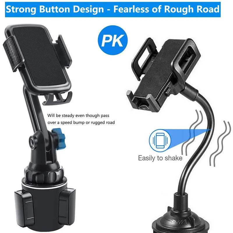 Black ABS car phone holder with 360-degree rotation and adjustable height on a car vent.