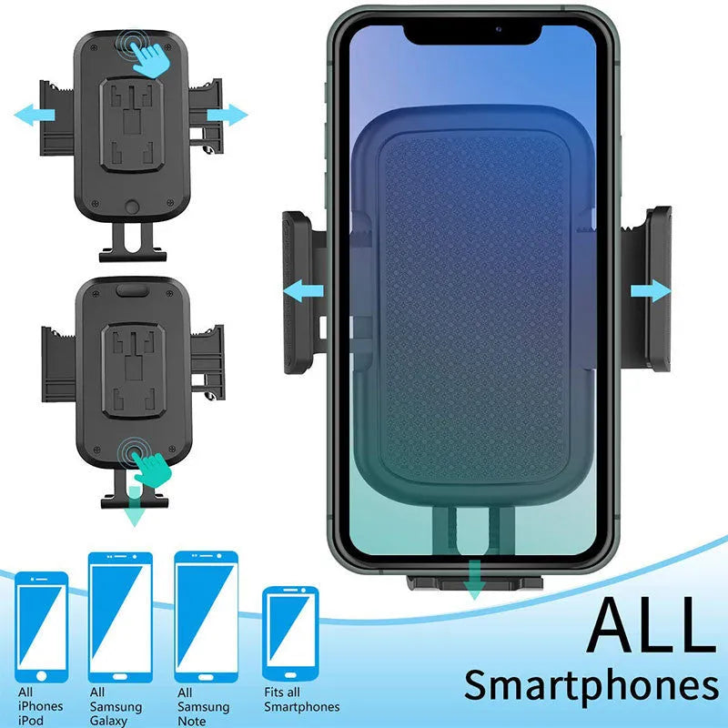Black ABS car phone holder with 360-degree rotation and adjustable height on a car vent.