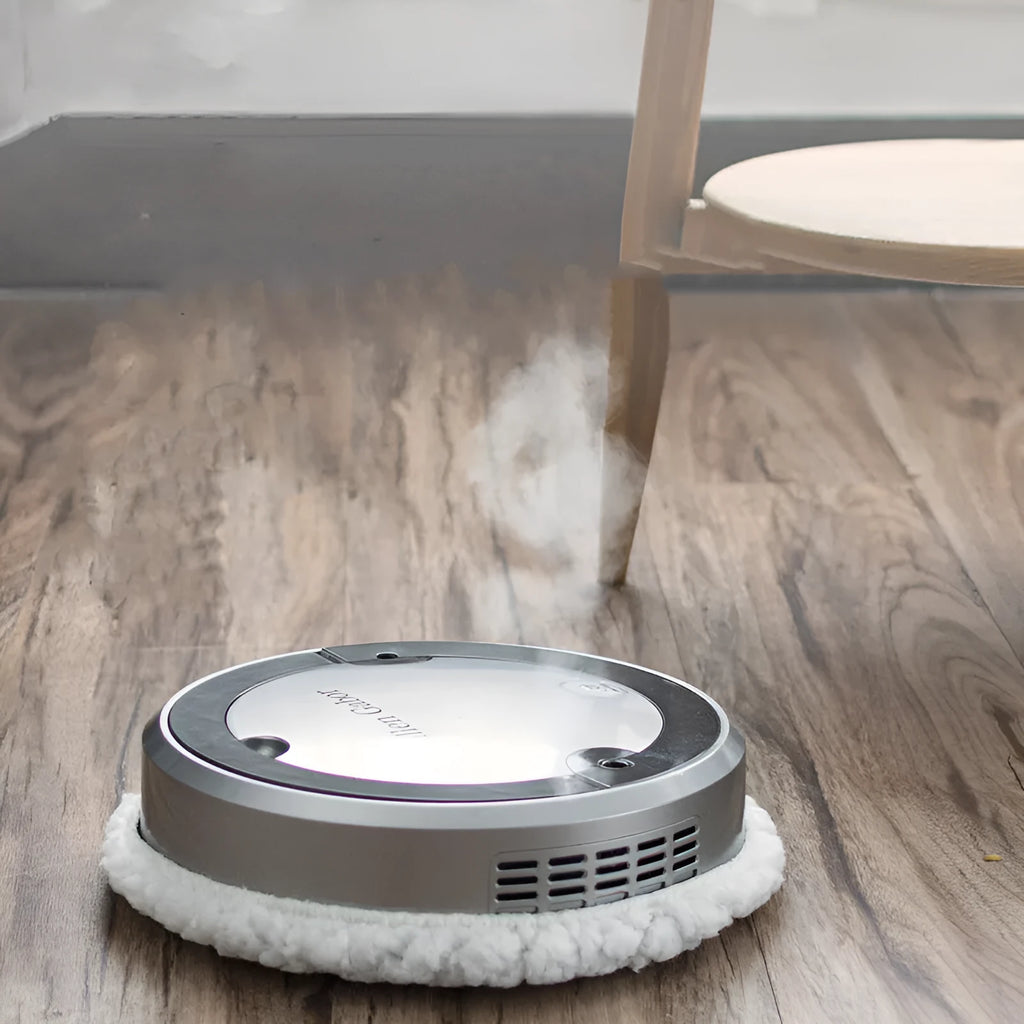Intelligent automatic sweeping robot in silver grey, cleaning a wooden floor, with UV sterilization feature