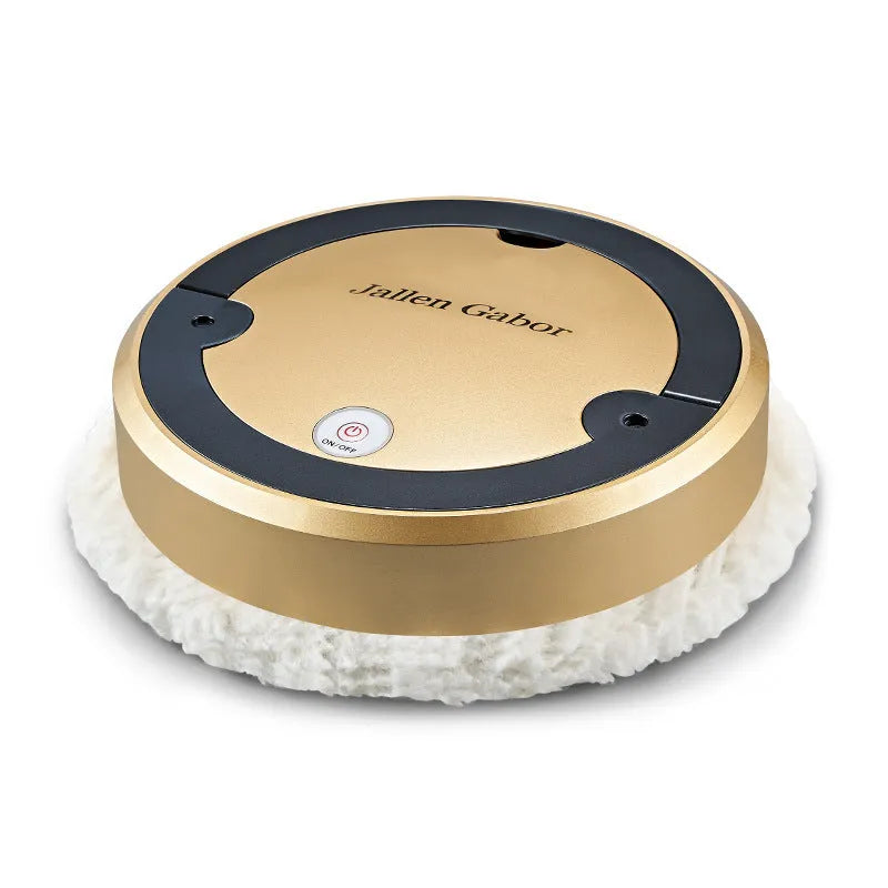 Intelligent automatic sweeping robot in silver grey, cleaning a wooden floor, with UV sterilization feature