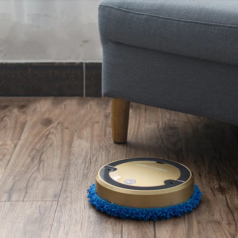 Intelligent automatic sweeping robot in silver grey, cleaning a wooden floor, with UV sterilization feature