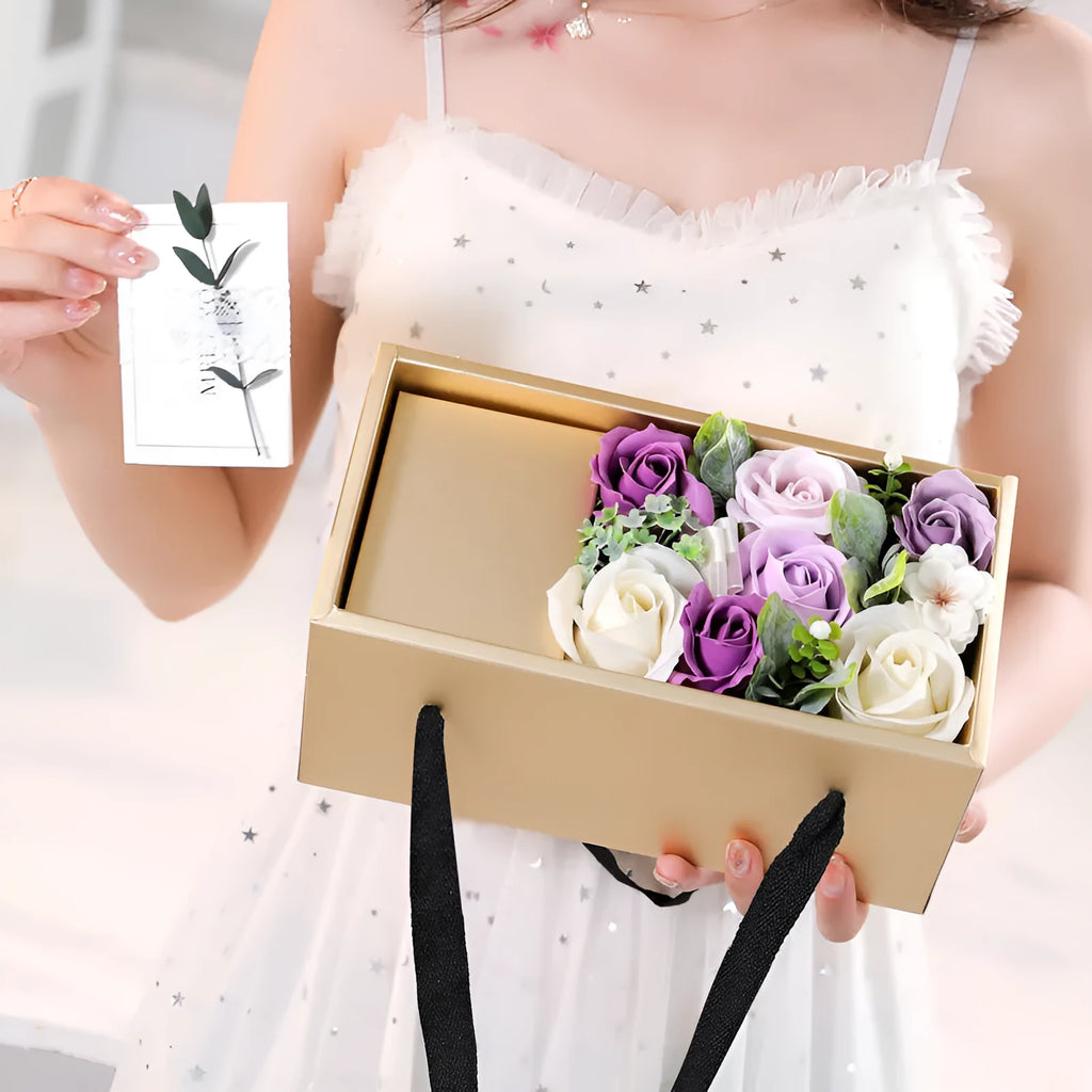 Soap flower rose gift box in gold packaging with greeting card, available in pink purple red