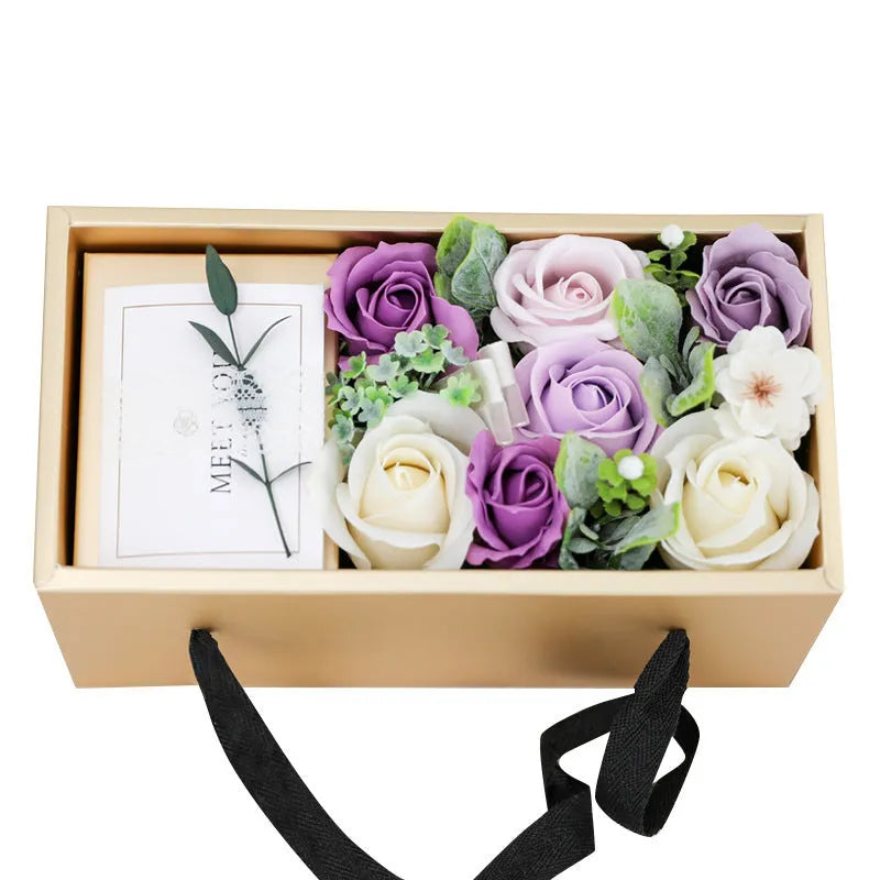 Soap flower rose gift box in gold packaging with greeting card, available in pink purple red