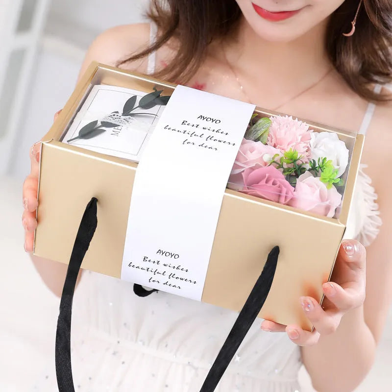Soap flower rose gift box in gold packaging with greeting card, available in pink purple red