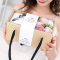 Soap flower rose gift box in gold packaging with greeting card, available in pink purple red