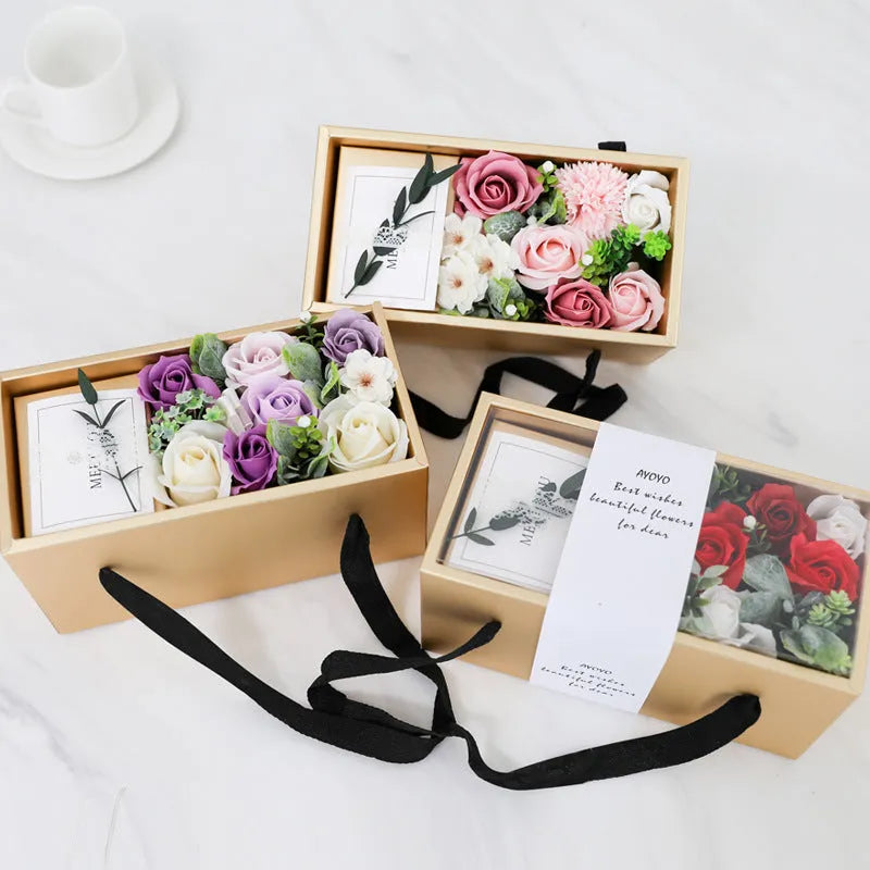 Soap flower rose gift box in gold packaging with greeting card, available in pink purple red