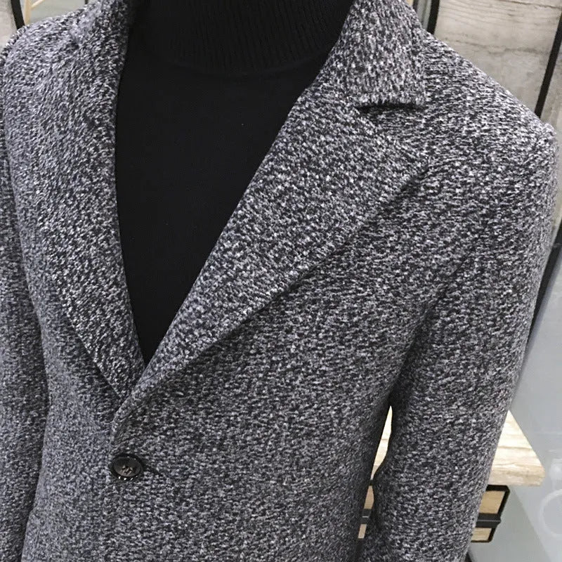 Men's mid-length woolen windbreaker coat in cotton blend, available in black, dark grey, wine red and army green, sizes M to 5XL