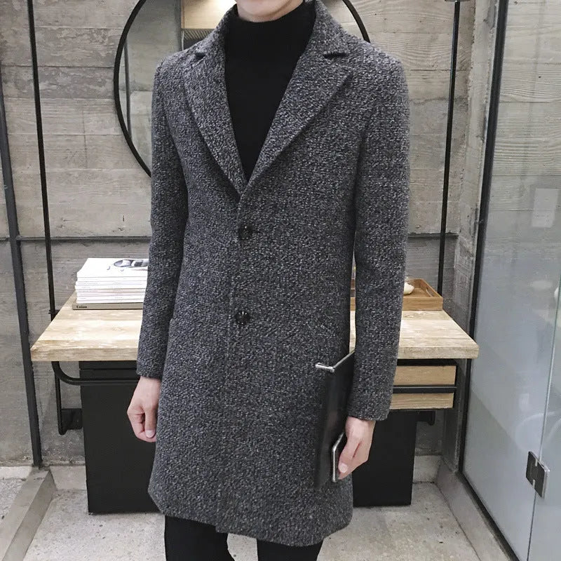 Men's mid-length woolen windbreaker coat in cotton blend, available in black, dark grey, wine red and army green, sizes M to 5XL