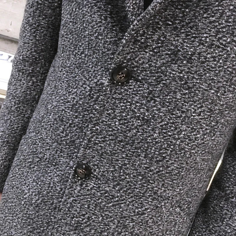 Men's mid-length woolen windbreaker coat in cotton blend, available in black, dark grey, wine red and army green, sizes M to 5XL