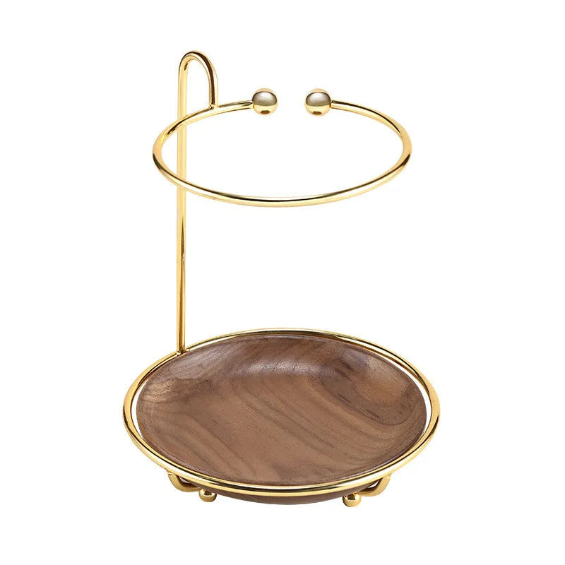 Walnut-coloured solid wood jewellery rack with metal hooks, measuring 21cm wide.
