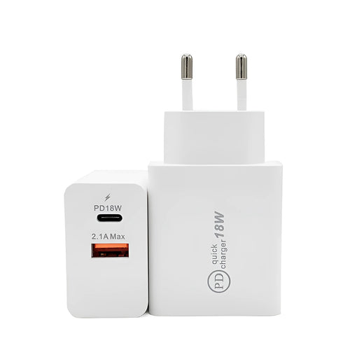 Compact white 18W USB-C fast wall charger with US plug pins on a wooden surface.