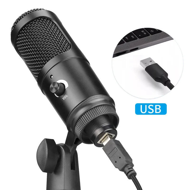 Black USB condenser microphone with adjustable stand for computer recording